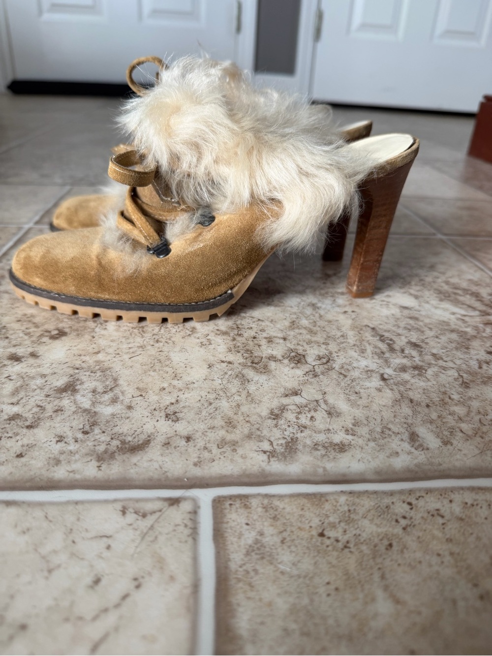 Vintage Coach Camel Suede Faux-Fur Trim Heeled Mules, P618 Kristy